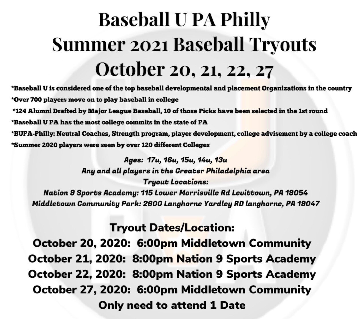 SUMMER 2021 TRYOUTS 17U, 16U, 15U, 14U, 13U Baseball U Philly